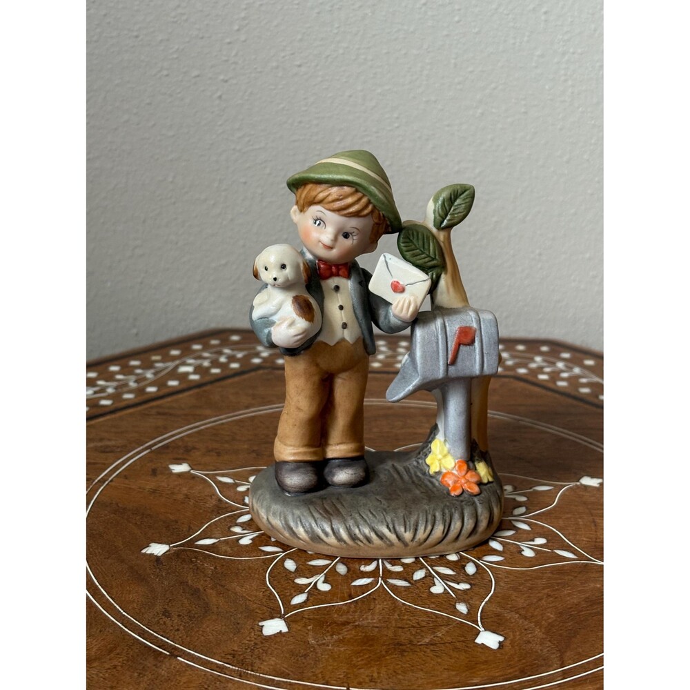 Vintage Enesco Ceramic Figurine Boy With Puppy & Letter At Mailbox E 3017